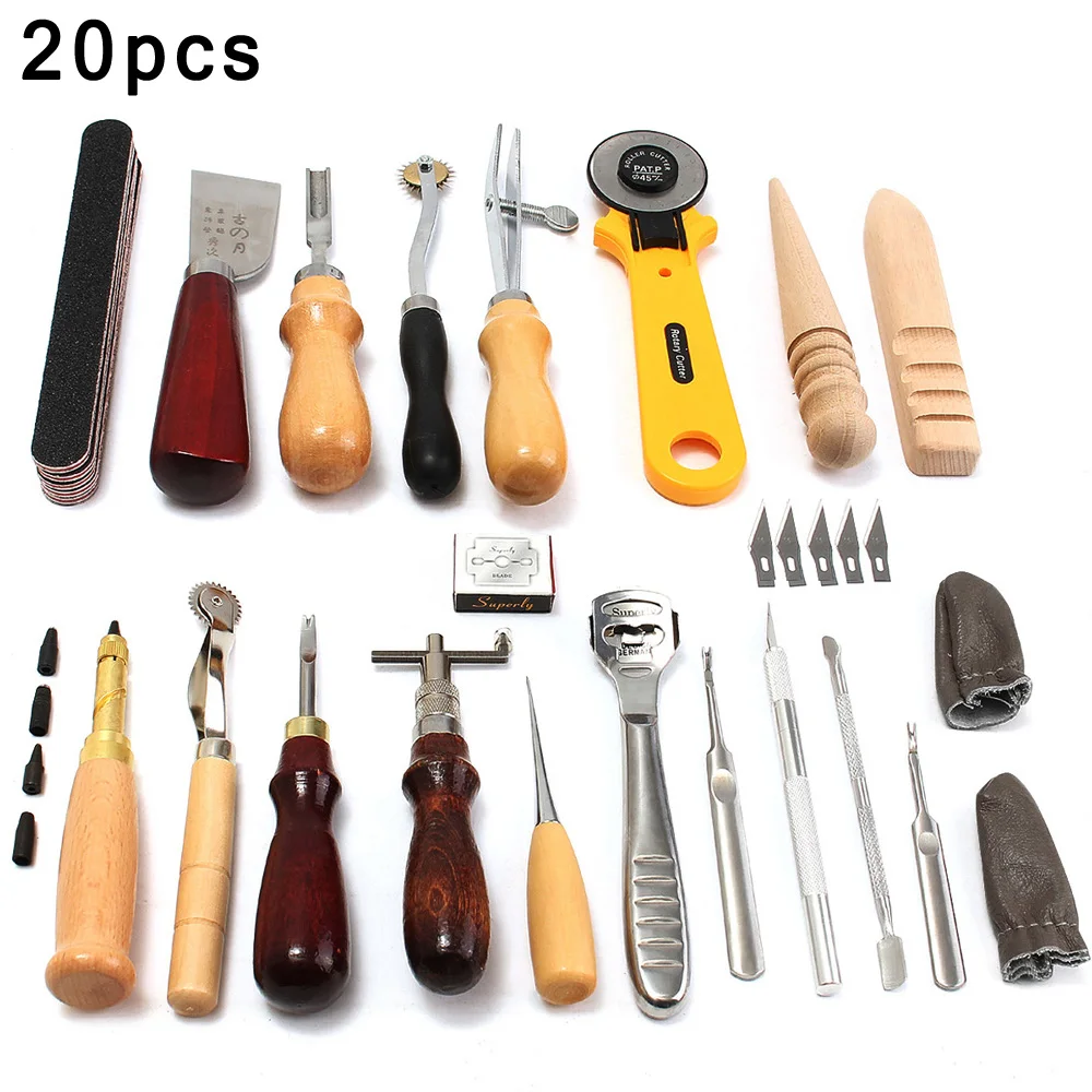 

20pcs Leather Craft Tools Kit Hand Sewing Stitching Blow Carve Work Saddle DIY durable and practical