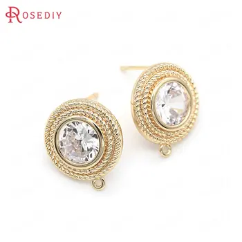 

(39492)4PCS 17x15MM 24K Gold Color Brass and Zircon Twisted Round Stud Earrings Pins Earrings Jewelry Making Diy Accessories