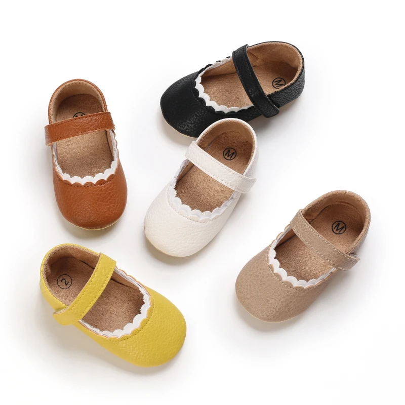 Infant Newborn Baby Girls Princess Non-Slip Floral Border Shoes Toddler Baby Soft PU Leather Prewalker Shoes Solid First Walkers