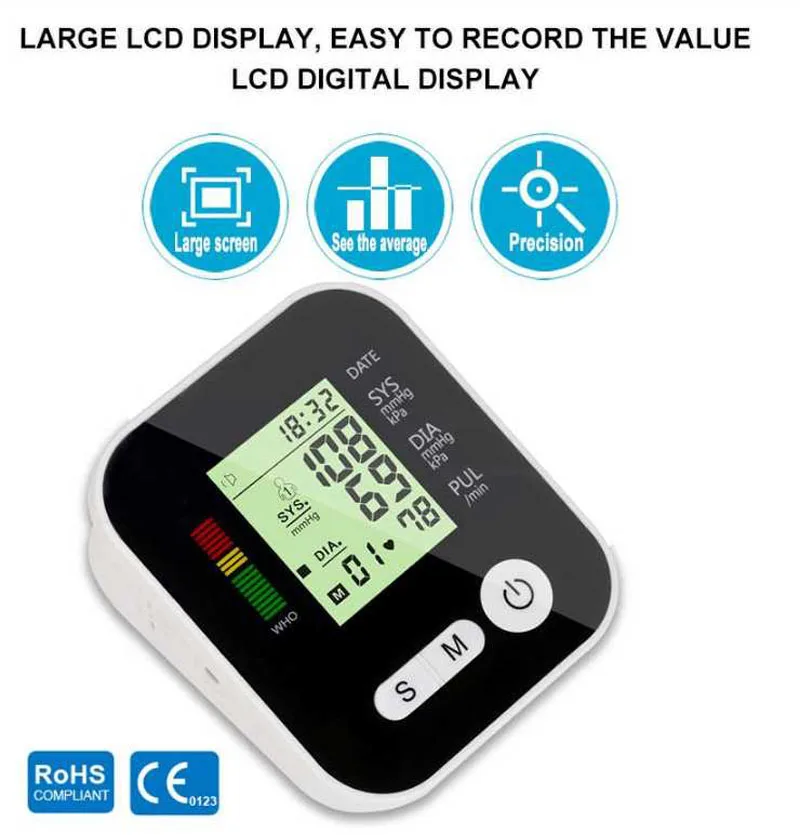 Home Health Care Automatic Digital Lcd Upper Arm Blood Pressure Meter Heart Beat cuff Monitor Machine Tonometer for Measuring