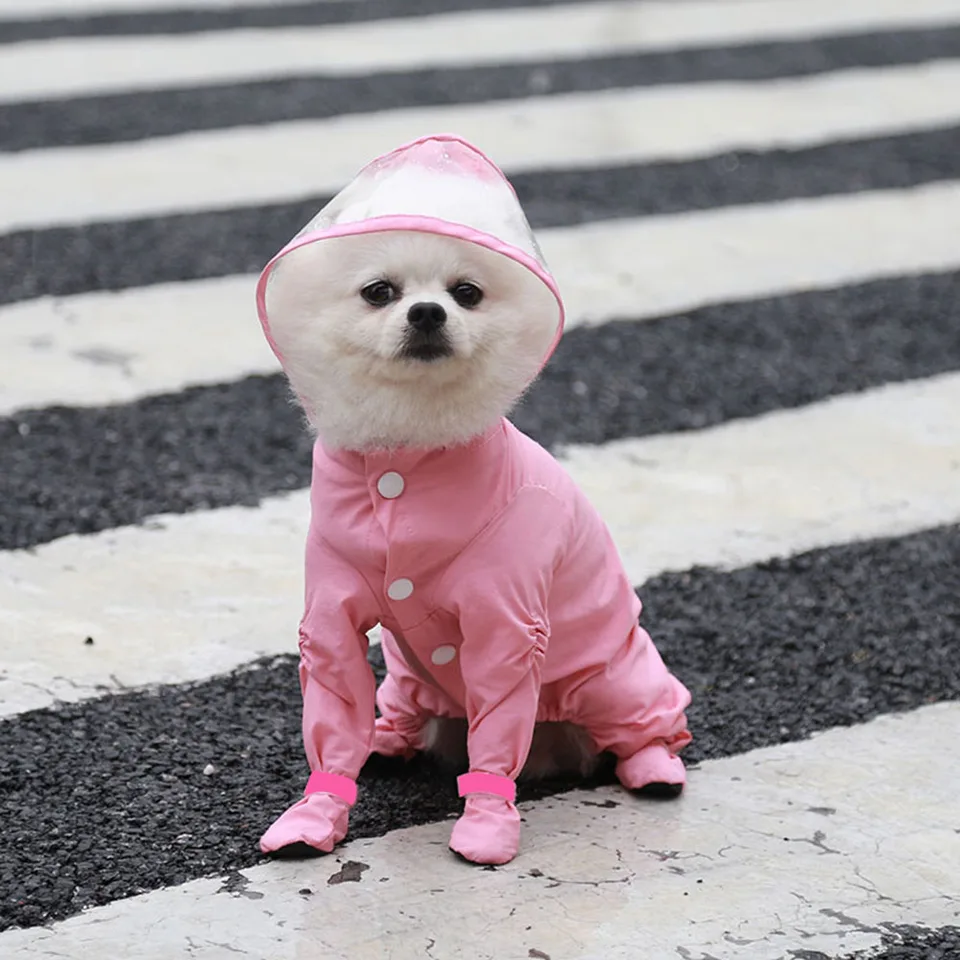 thumbnail image 2 of PAIDEFUL Small Dog Full Body Coverage Raincoat Solid Four-leg Onesie Rain Jacket Waterproof Hoodie Puppy Clothes Button Lightweight Kitten Apparel, Pink, S 2 of 9