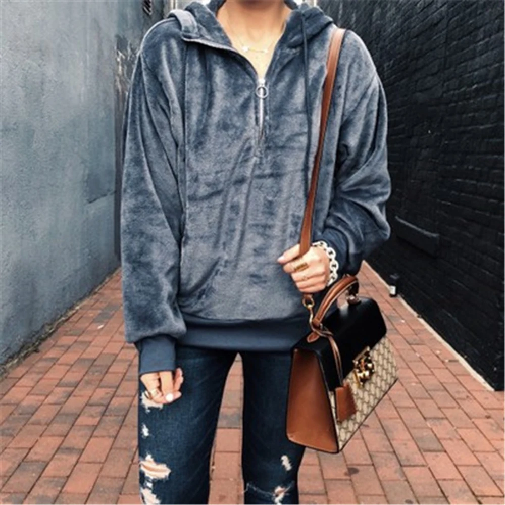 

2019 New Fashion Women Autumn Hoodies Zipper Long Sleeves Warm Pullover Solid Color Teddy Hooded Sweatshirts Streetwear