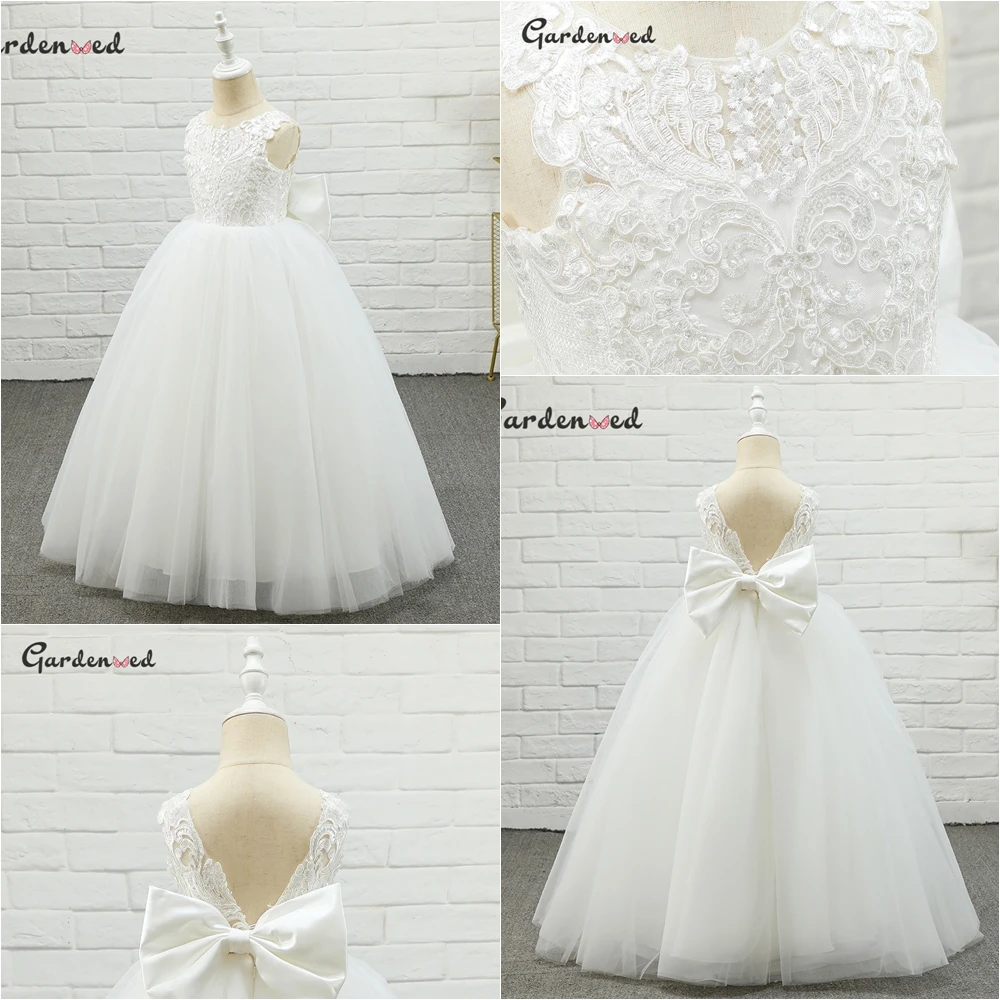 Gardenwed Ivory Lace Flower Girl Birthday Banquet Backless Bow Sashes Applique Cute Girl Communion Dress robe fille enfant