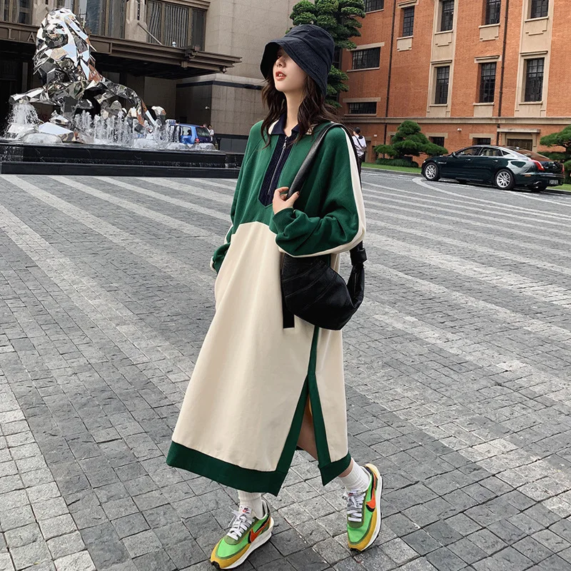 

2020 Spring New Contrast Color Dress Hem Split Fashion Sweatshirt Dress Women