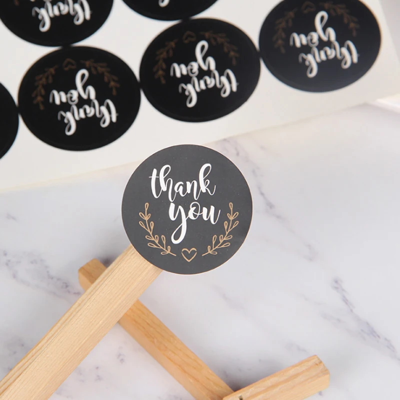 

120Pcs Black Kraft Paper with White Thank You Rpund Label Sticker Students' DIY Retro Seal Sticker For Handmade Products