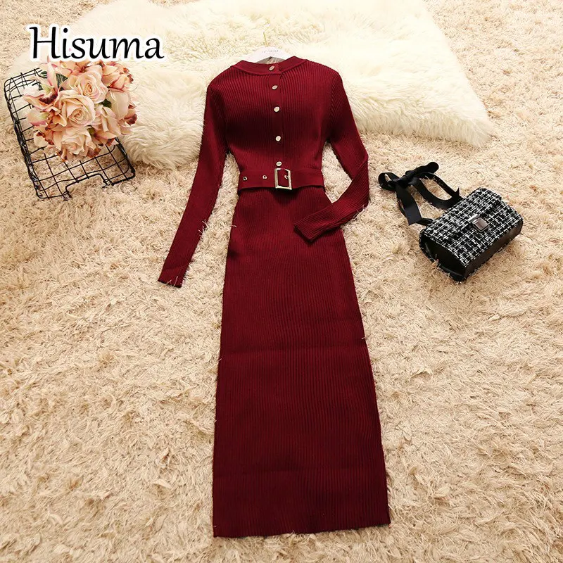 

2022 winter new female O-neck Single-breasted long sleeve knit dresses women's solid color slim elegant knitted sheath dress