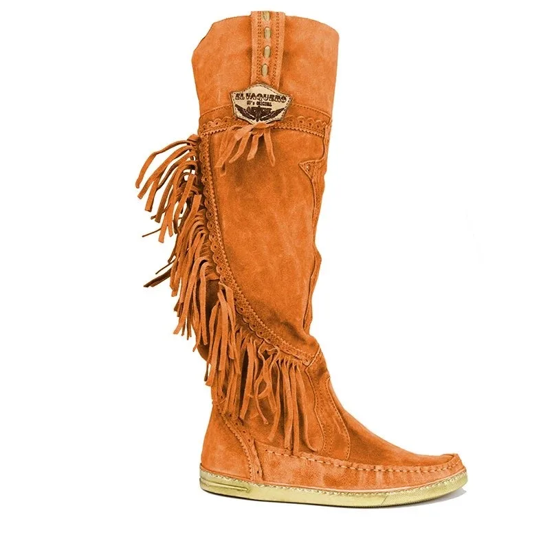 

2019 Women's Ethnic Style Mid Tube Flat Shoes Stylish Warm Fur Boots Low Heel Suede Boots Long Fringe Winter Embroidered Boot