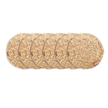

6 Pcs Woven Placemats,Natural Water Hyacinth Weave Placemat Round Braided Rattan Tablemats