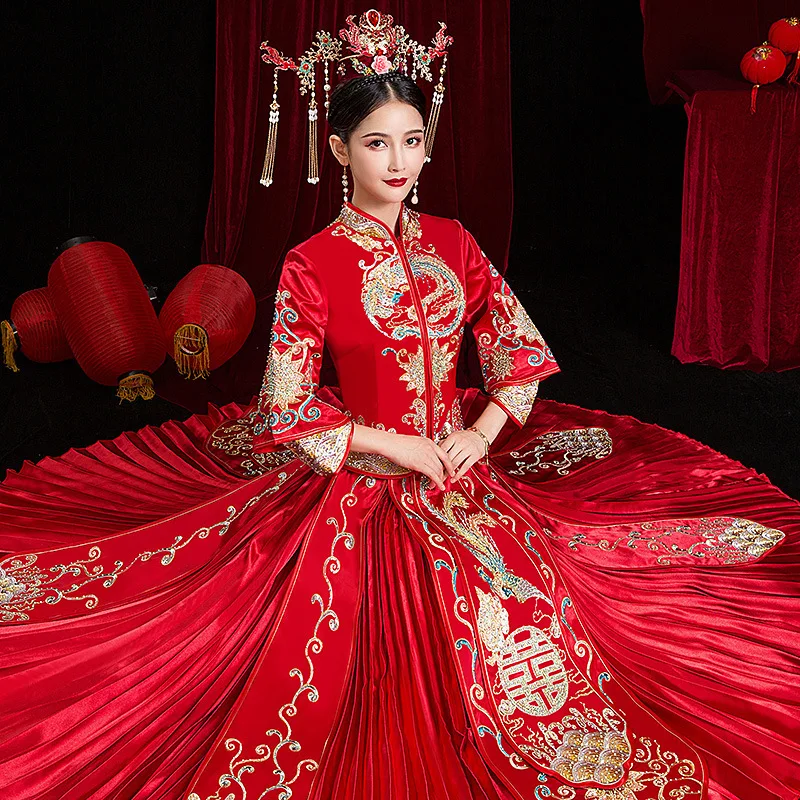 High Quality Embroidery Add Rhinestone Ancient Bride Wedding Dress Retro Chinese Cheongsam Long Section Size S-XXL | Тематическая