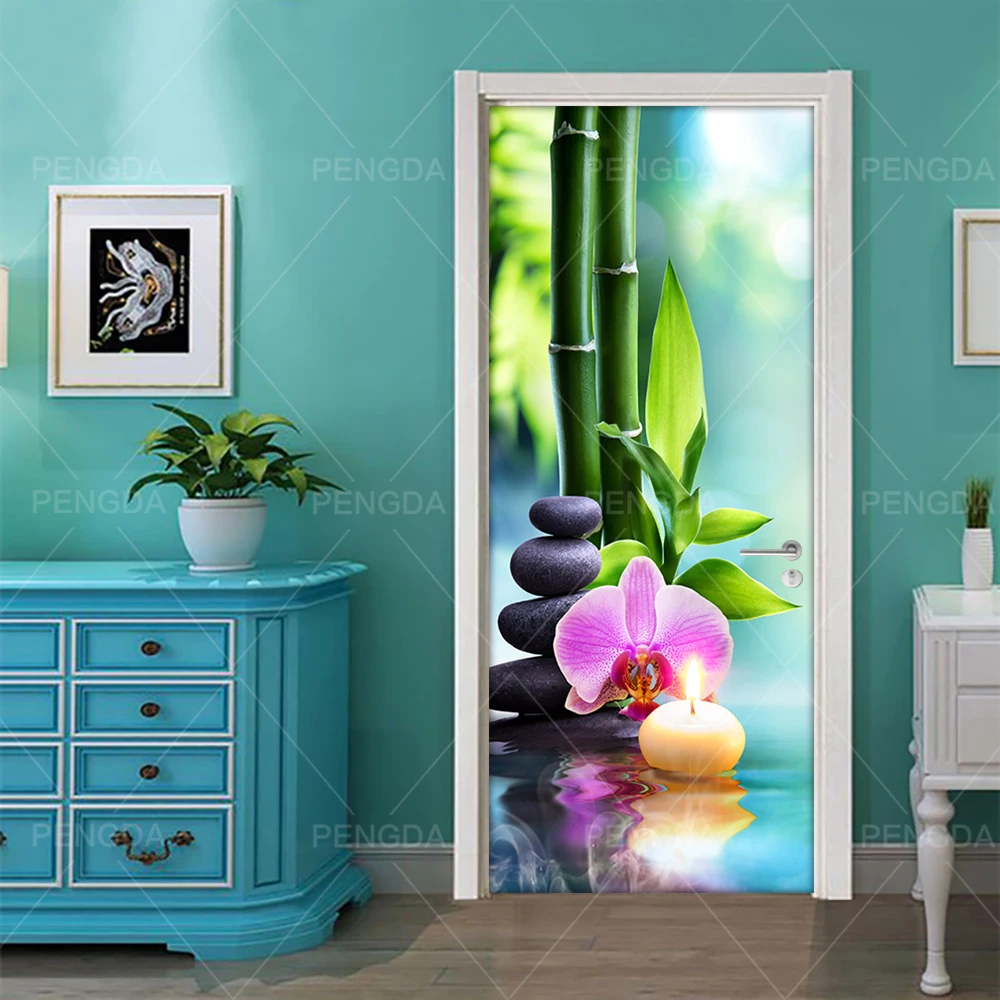 Самоклеющиеся Diy художественная наклейка домашняя дверь камень цветок Бамбук 3D декорация ПВХ обои печать картина для гостиной - Цвет: Door YXCV2696-06