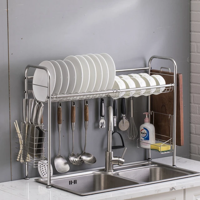 Sink Dish Drying Rack, Over Sink Kitchen Stainless Steel Dish Drainer And  Utensil Holder, Silver