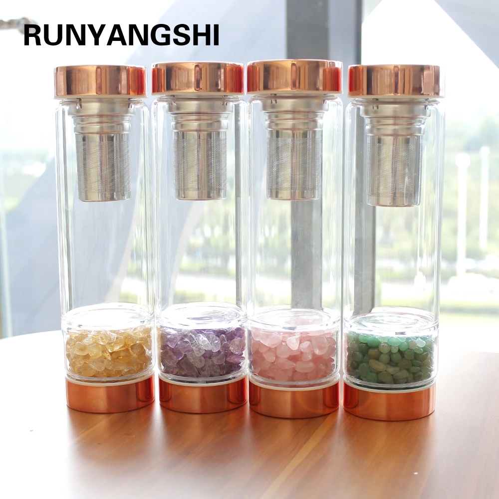 Natural Crystal Elixir Bottles gemstone Glass therapy stone Tea filter filter bottle Healing Crystal Infuser Energy cup