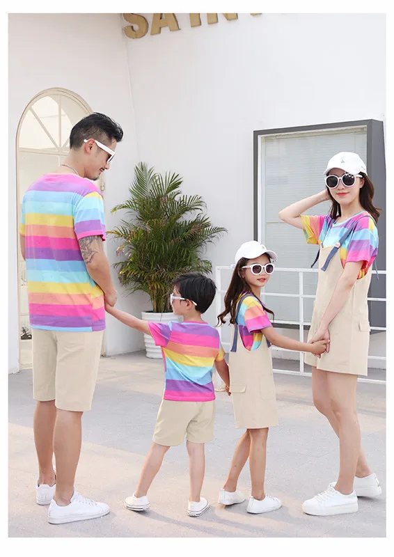 Different Family Matching Summer Clothes Rainbow Mother and Kids Casual Cotton Dress Girls Shirt+ Ovearalls Pants Boys Set