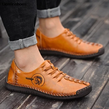 

KPOCCOBKN Zapatos Leather Shoes Leisure Genuine Leather Men Brown Black Loafers Lace-up Cowhide Cow Leather Slip-on Rubber Solid