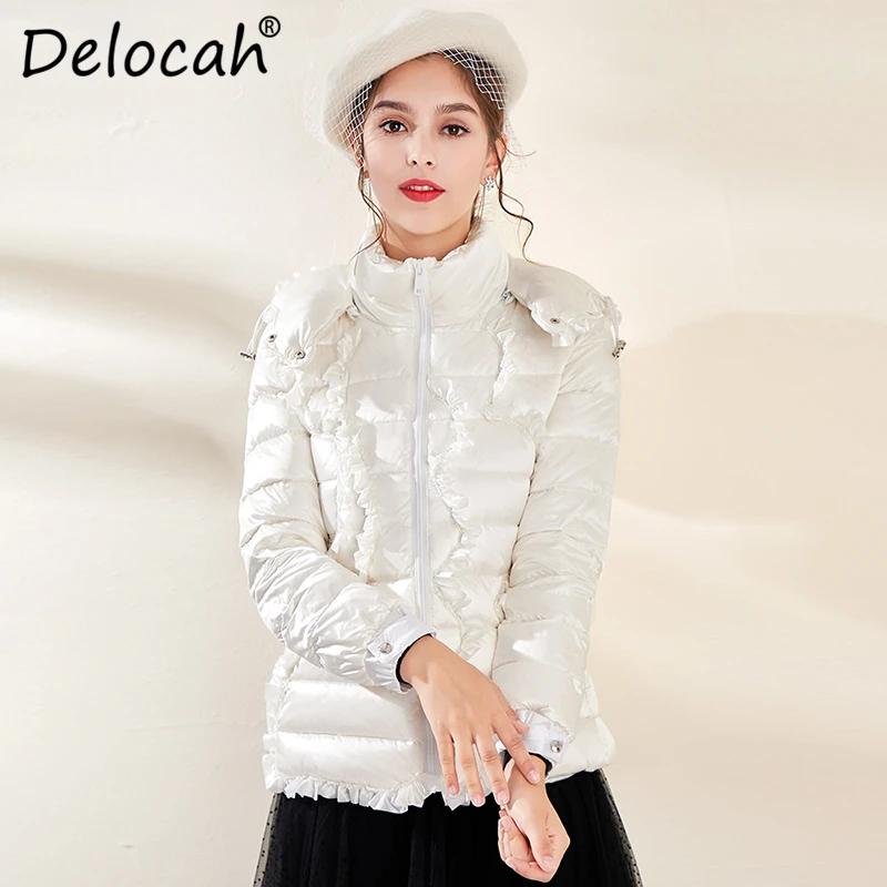 

Delocah Women Down Coat Runway Fashion Designer Simple Ruffles 90% White Duck Down Hooded Jacket Winter Warm Slim Ladys Overcoat