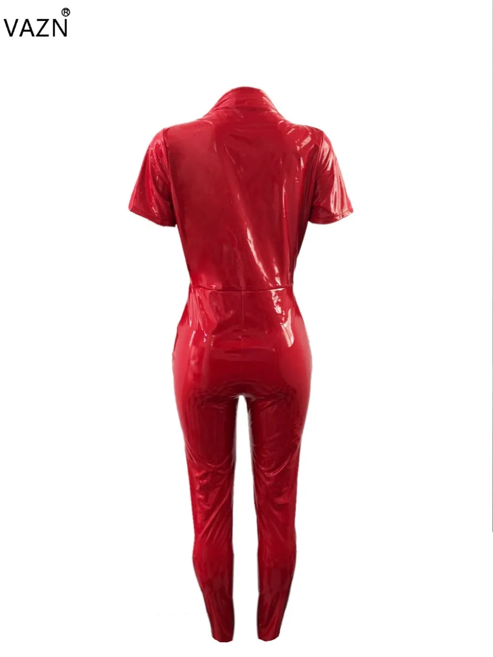 VAZN Autumn Hot Fashion Women Patent Leather Jumpsuits Solid Short Sleeve Jumpsuits Ladies Deep V-Neck long Romper OSM4517