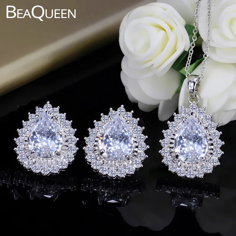 BeaQueen Shiny Pear Shape Cubic Zircon Crystal Paved Round CZ Stones Stud Earrings and Pendant Necklace Women Jewelry Sets JS045 | Украшения