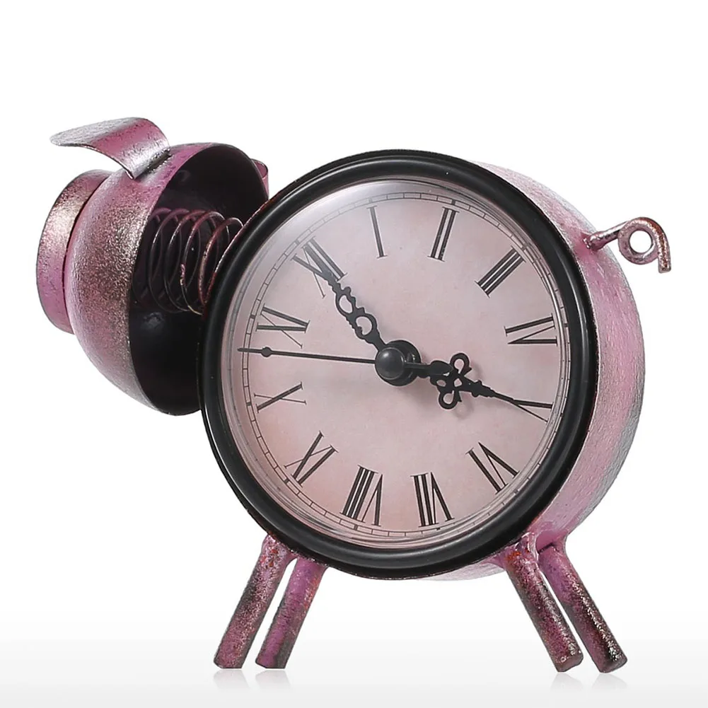 Desk Clock Bedroom Silent Gift Cute Home Decor Frame Metal Retro Ornaments Pig Statue Living Room Iron Art Office