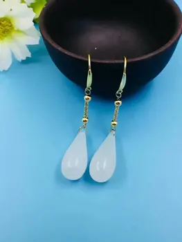 

SHILOVEM 18k yellow gold real Natural white Jasper drop earring classic fine Jewelry women wedding gift new yze7.51900hby