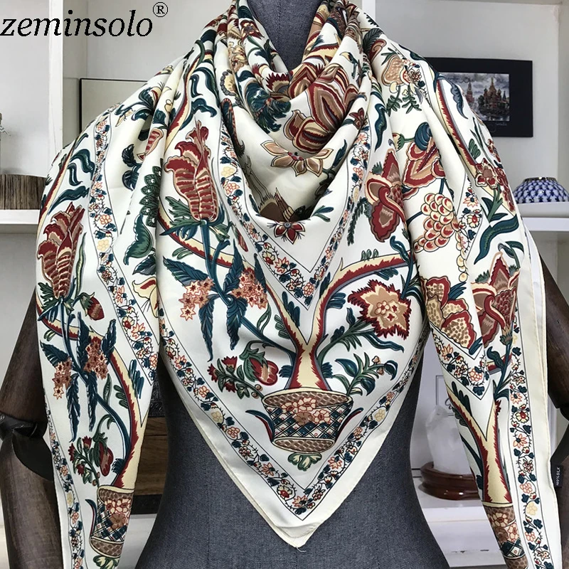 Luxury Brand 100% Twill Silk Scarf Square 130*130cm Scarf Scarves New Design Print Kerchief Women Neck Shawl Wraps Echarpe Hijab 2