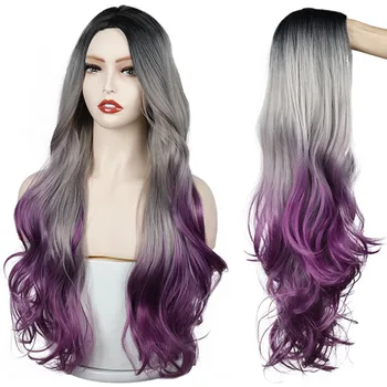

Long Gray purple Golden Ombre Synthetic Wigs Natural Part Side Wavy Heat Resistant Hair Cosplay Daily Wig for White Black Women