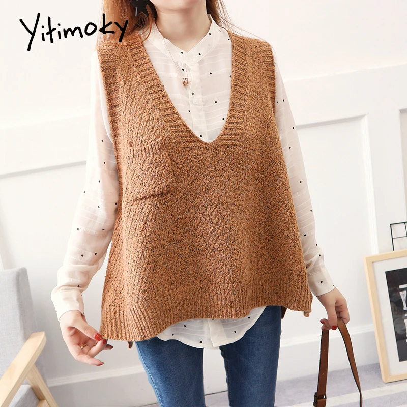 Oversized women sweater vest Autumn winter plus size women sweaters Fashion V neck casual knitting pullover with pocket