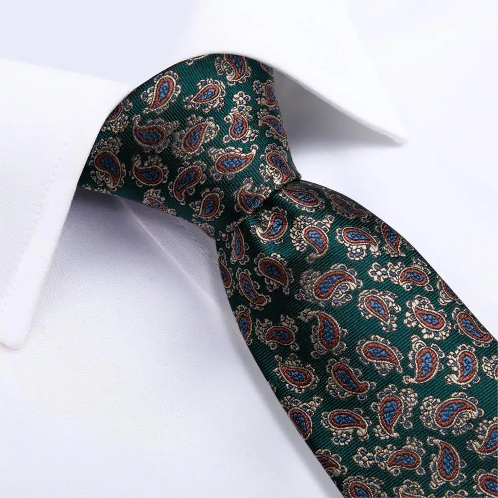 New Designer Quality Men Necktie Green Red Paisley Silk Wedding Tie For Men DiBanGu Hanky Cufflink Clip Set Dropshipping MJ-7211