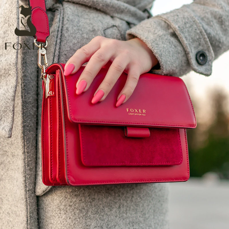 FOXER-Bolsos de cuero de vaca dividido para mujer, bolsos de hombro tipo bandolera, a la moda, pequeño, con solapa, regalo de San Valentín, 2020