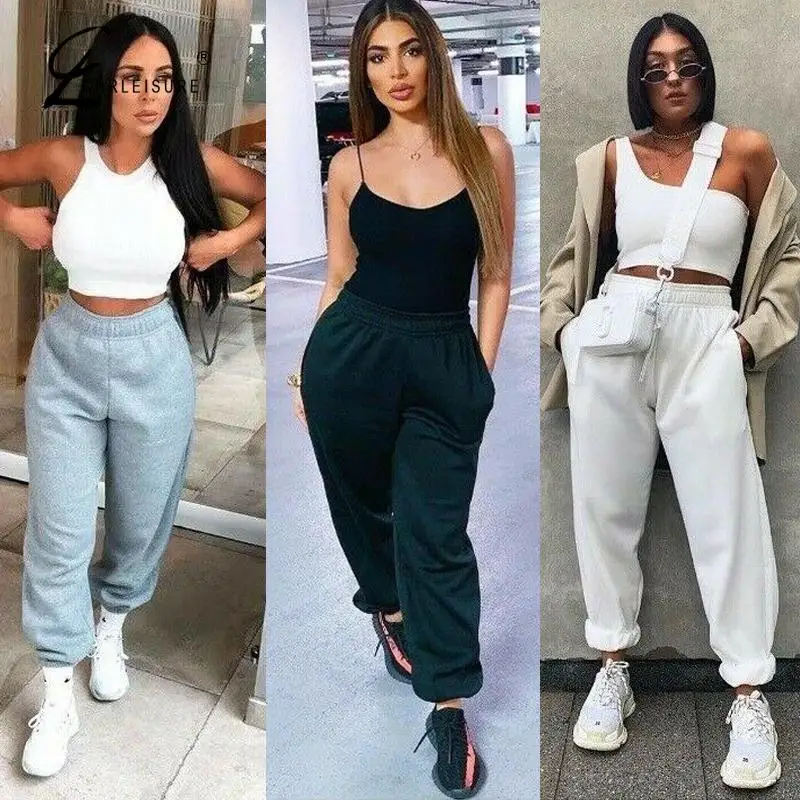 Для женщин Повседневное Jogger однотонные Спортивные штаны/Для Высокая Талия Брюки