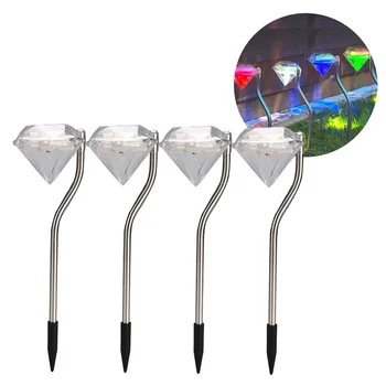 

4pcs Diamond LED Solar Powered Stainless Steel Stake Lights Lawn Pathway Garden Lamp (Multicolor Light)