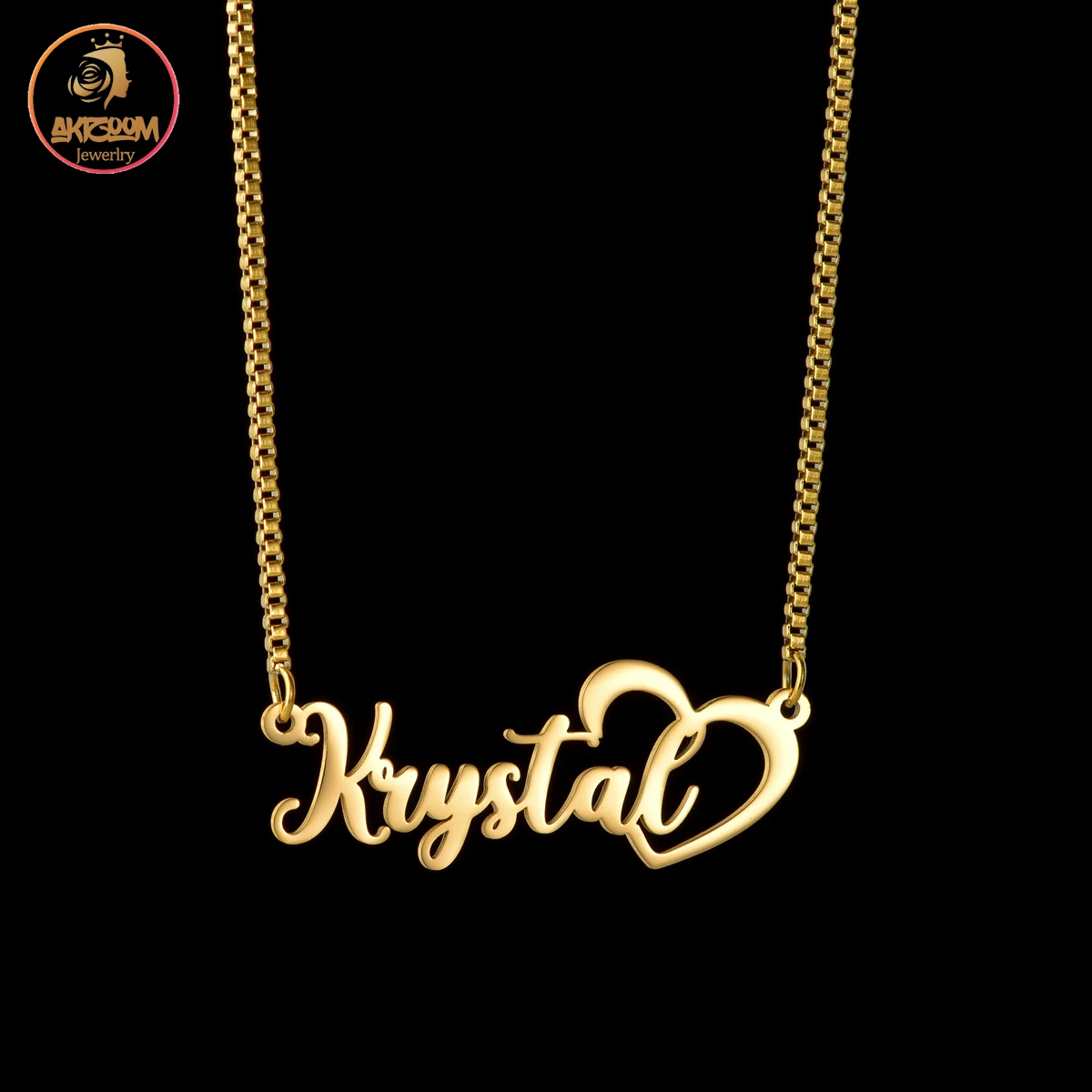 

Akizoom Custom Name Necklace Personalized Gold Color Box Chain Letter Open Heart Nameplate Pendant for Women Best Jewelry Gift