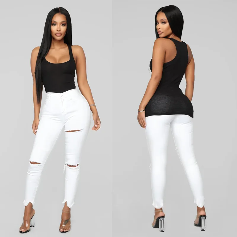 

The new pair of women's trousers in 2019, wish, eBay Amazon, new white hollow jeans from Europe and America