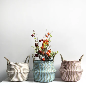 

Boho Decor Handmade Wicker Storage Basket Collapsible Laundry Basket Straw Patchwork Rieten Mand Seaweed Striped Flower Basket