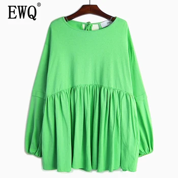 

[EWQ] 2020 Spring Summer New Pattern Round Collar Lantern Sleeve Solid Patchwork Pullovers Casual T-shirt Women AK72214
