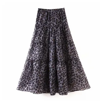 

Women leopard print Organza long skirt animal pattern High waist zipper female casual fashion basic skirts mujer