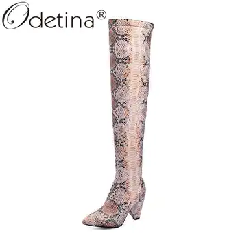 

Odetina Women Fashion Winter Snake Printing Slip On Knee High Boots Ladies Pointed Toe Block High Heel Sewing Sexy Long Boots