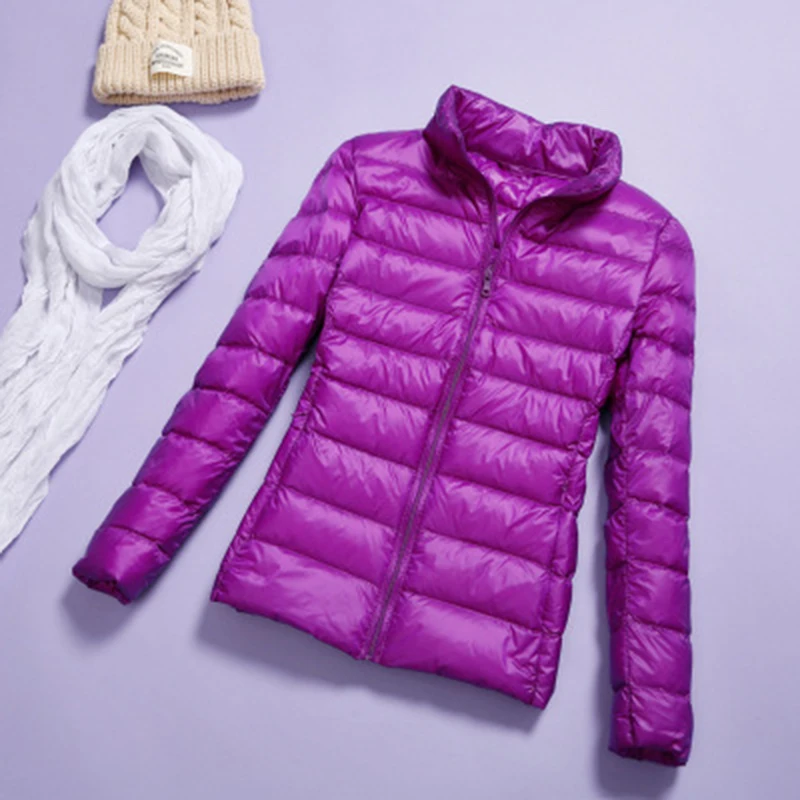 Женское пальто, легкое ультратонкое пальто, осенне-зимнее женское тонкое пальто с наполнителем из утиного пуха, стоячий воротник, большие размеры, S-7XL - Цвет: Фиолетовый