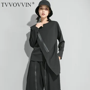 

TVVOVVIN 2020 Spring New T-shirt Asymmetry Patchwork Silid Long-sleeve O-neck Casual Streetwear Loose Fashion Zippers