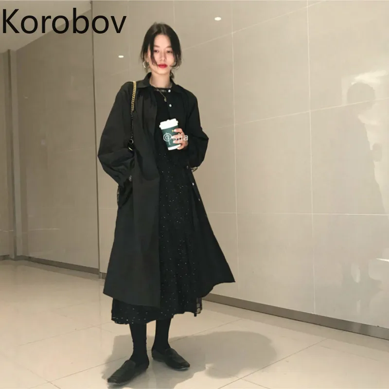 

Korobov Korean Chic Retro French Single Breast Black Trench Coat High Waist Hip Puff Long Sleeve A Line Casaco Feminino