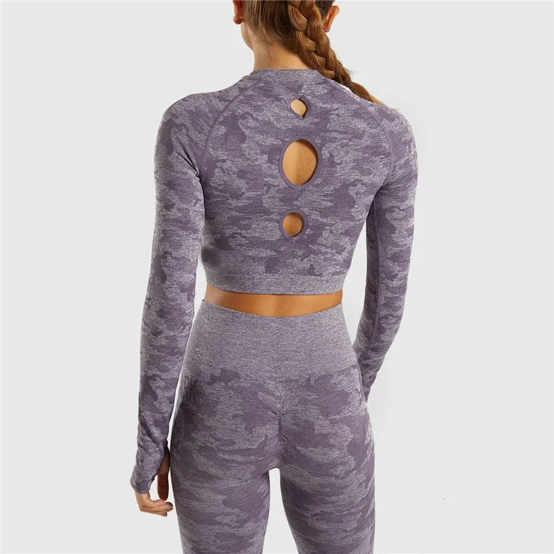 Purple Suit Камуфляжный бесшовный спортивный костюм для женщин с длинным рукавом, укороченный топ и животик, контроль, леггинсы для спортзала, тренировочная одежда, спортивная одежда, Женский комплект 2 шт - Цвет: Purple Suit