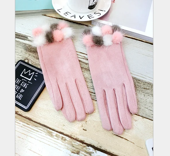 Pink Модные женские замшевые бархатные норковые меховые перчатки, зимние теплые перчатки для вождения, Женские варежки для вождения, японский стиль Agl353 - Цвет: Pink
