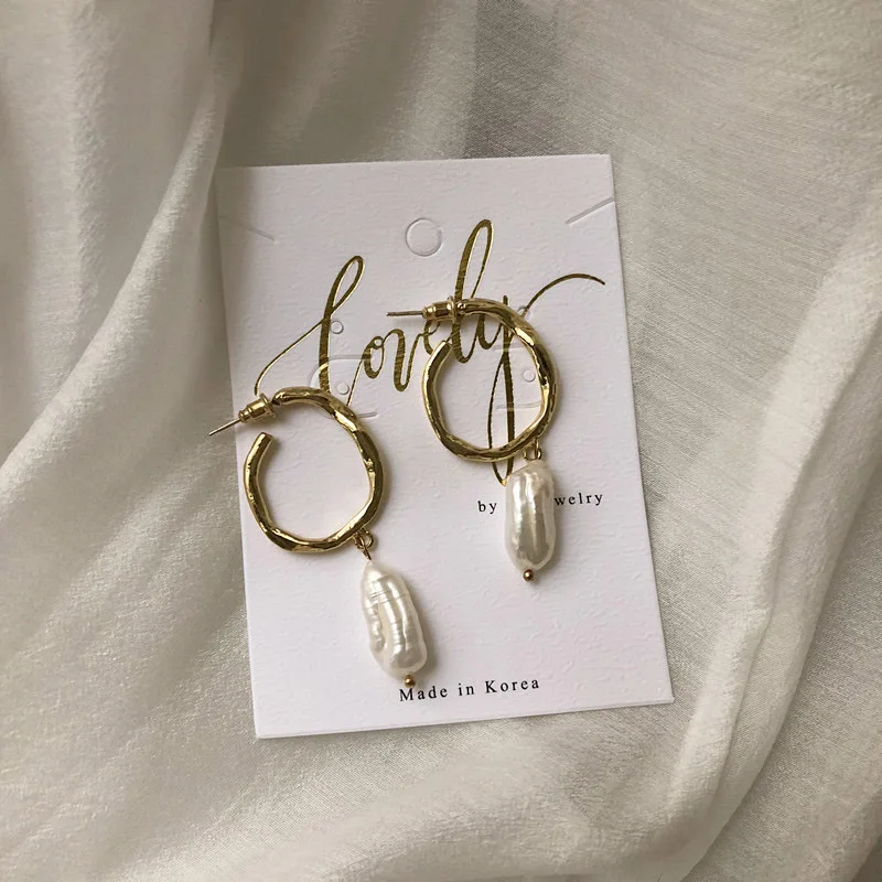 INKDEW Korea Design Metal Gold Drop Earrings Baroque Irregular Circle Square Natural Freshwater Pearl Earrings for Women Girls