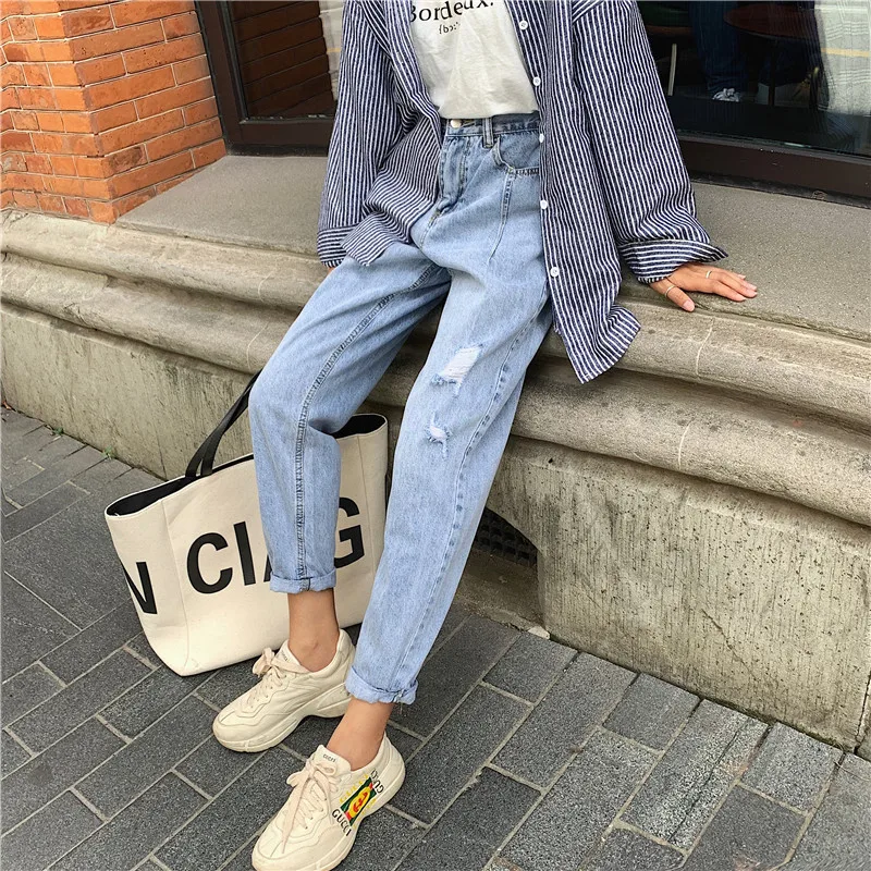 

S-XL 2019 autumn korean chic style women ripped denim Pants Casual blue high waist jeans for women wide leg pants (Z8699)