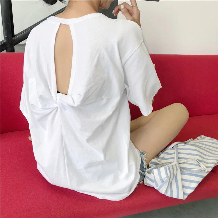Лето повседневные женские футболки Ulzzang уличная мультяшная футболка с открытой спиной Топы Harajuku короткий рукав Футболка