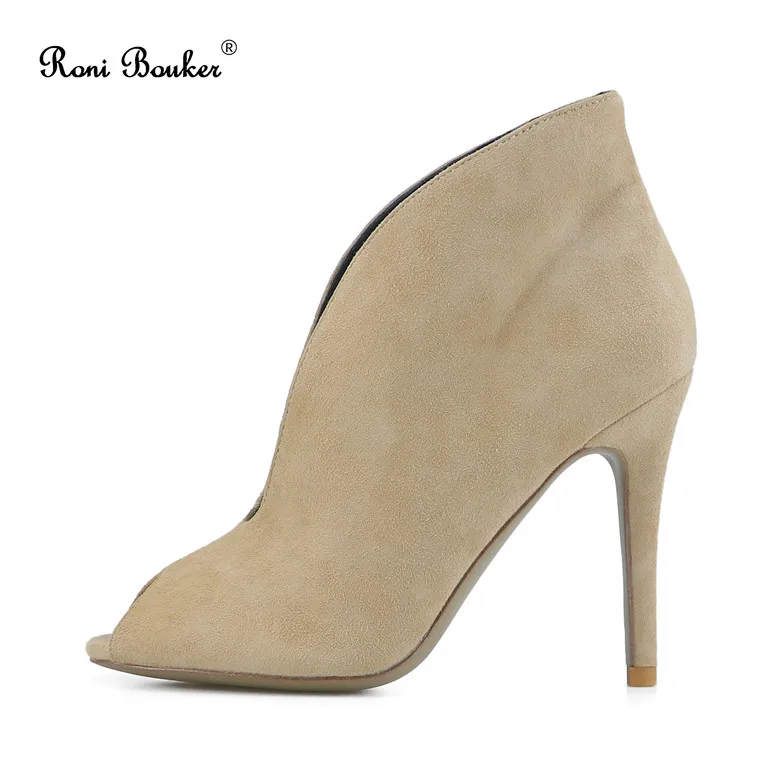 Sand suede Roni Bouker/женские ботильоны с открытым носком; женская мягкая обувь из натуральной замши; женские ботиночки; женская обувь на каблуке; ботинки - Цвет: Sand suede