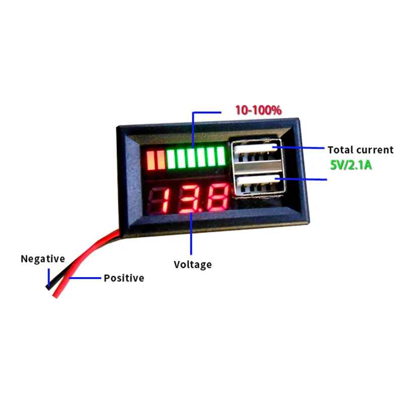 Red Led Digital Display Voltmeter Mini Voltage Meter Volt Tester Panel for Dc 12V Cars Motorcycles Vehicles Usb 5V2a Output 12.6