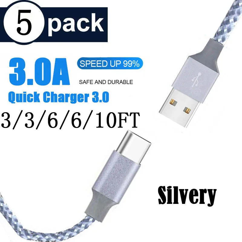 5 шт. в упаковке(3/3/6/футов) 5А usb type-C кабель высокоскоростной usb type-C кабель синхронизации данных и зарядки для huawei P9 Macbook LG G5 Xiaomi htc 10 - Цвет: Серебристый