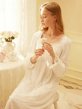 

Free Shipping 2019 New Fall Rose Tree Princess Nightgown Women's Long Pajamas White and Pink Sleepwear Soft Modal Nightdress