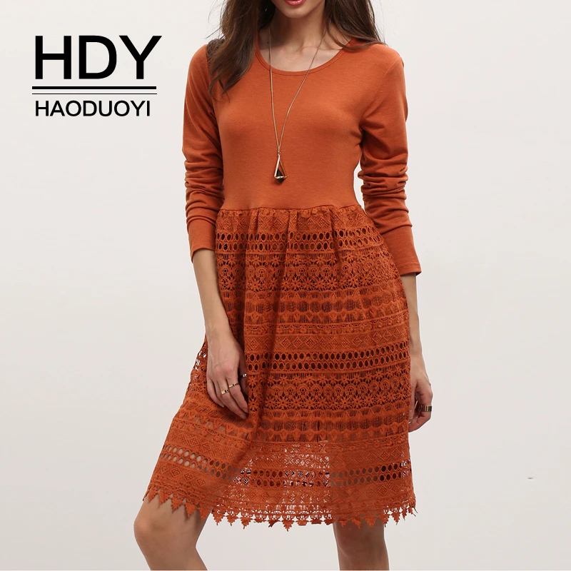 

HDY Haoduoyi Summer Fashion Ladies Solid Fashion Sexy Personality Openwork Lace Stitching Hem Slim Long Sleeve Round Neck Dress