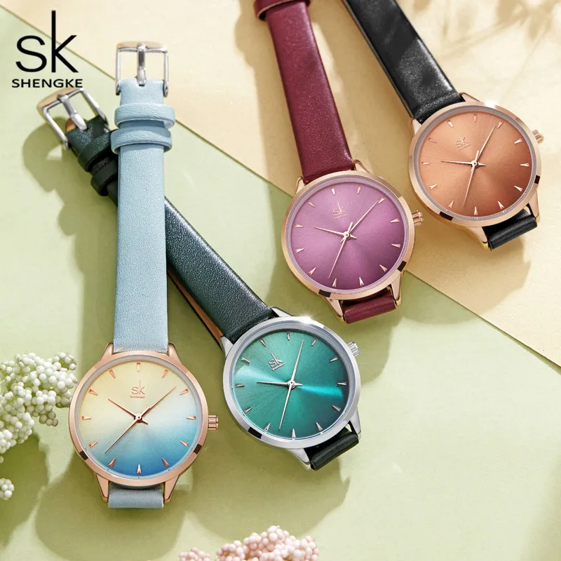 Shengke Women Watches Fashion Casual Girl Quartz Watch Leather Strap Lady Dress gift Waterproof Wristwatch Montre Femme